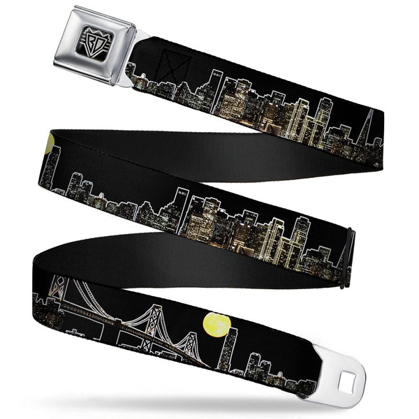 buckle down BD Wings Logo CLOSE-UP Full Color Black Silver Seatbelt Belt - San Francisco w/Moon Vivid Skyline Black Webbing