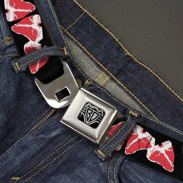 Buckle Down BD Wings Logo CLOSE-UP Full Color Black Silver Seatbelt Belt - Steaks W/MEAT Text Webbing