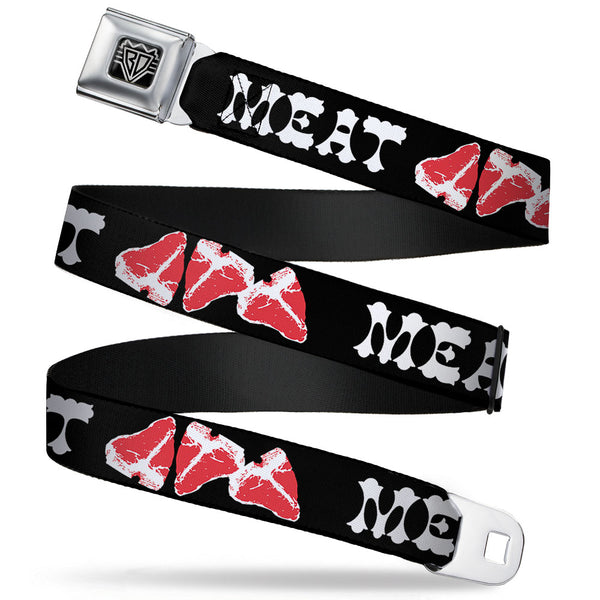 buckle down BD Wings Logo CLOSE-UP Full Color Black Silver Seatbelt Belt - Steaks w/MEAT Text Webbing
