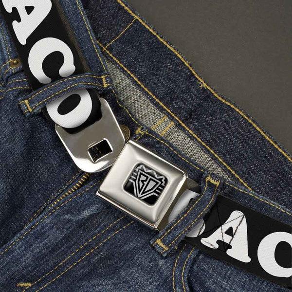 Buckle Down BD Wings Logo CLOSE-UP Full Color Black Silver Seatbelt Belt - I "HEART" BACON Black/White/Red Webbing