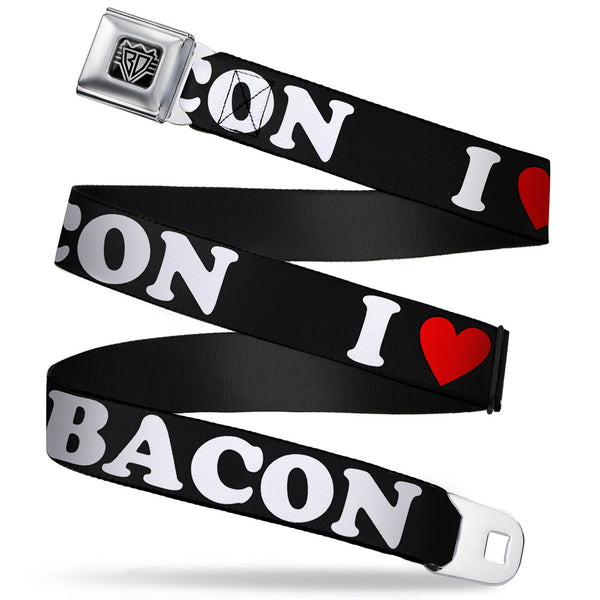 buckle down BD Wings Logo CLOSE-UP Full Color Black Silver Seatbelt Belt - I "HEART" BACON Black/White/Red Webbing