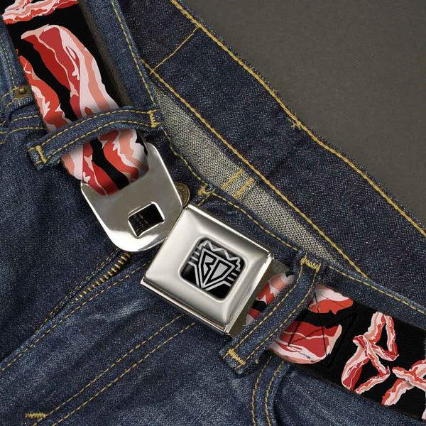 Buckle Down BD Wings Logo CLOSE-UP Full Color Black Silver Seatbelt Belt - Bacon W/Text2 Webbing