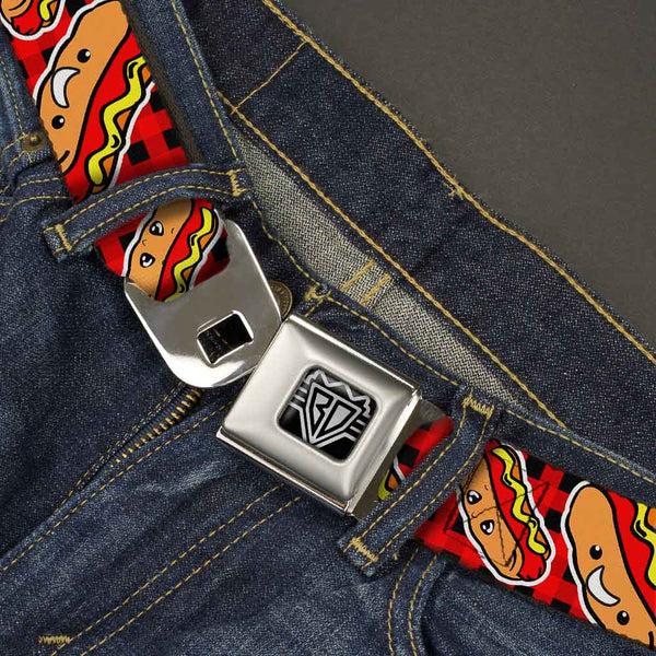 Buckle Down BD Wings Logo CLOSE-UP Full Color Black Silver Seatbelt Belt - Hot Dogs/Buffalo Plaid Black/Red Webbing