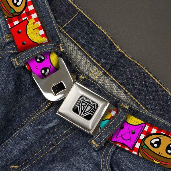 Buckle Down BD Wings Logo CLOSE-UP Full Color Black Silver Seatbelt Belt - Burger & Fries Cartoon Webbing