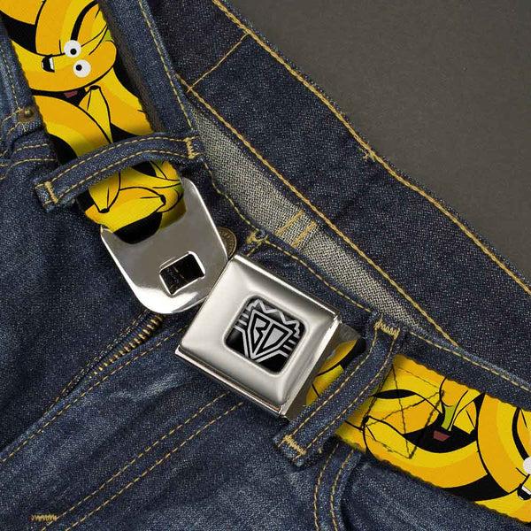 Buckle Down BD Wings Logo CLOSE-UP Full Color Black Silver Seatbelt Belt - Bananas Stacked Cartoon Black//Yellows Webbing