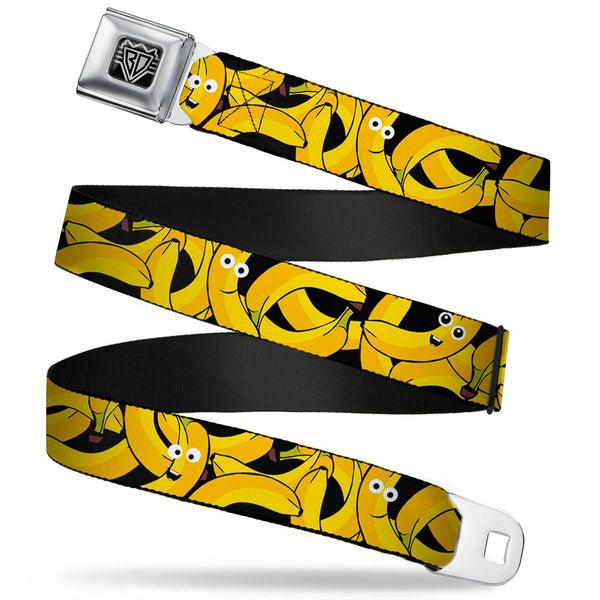 buckle down BD Wings Logo CLOSE-UP Full Color Black Silver Seatbelt Belt - Bananas Stacked Cartoon Black//Yellows Webbing