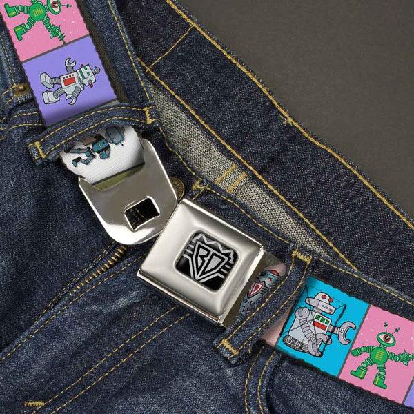 Buckle Down BD Wings Logo CLOSE-UP Full Color Black Silver Seatbelt Belt - Robots Pastel Blocks Webbing