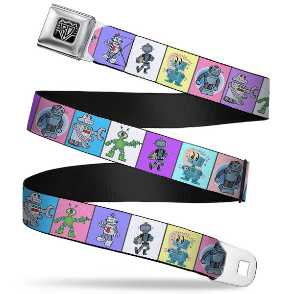 buckle down BD Wings Logo CLOSE-UP Full Color Black Silver Seatbelt Belt - Robots Pastel Blocks Webbing