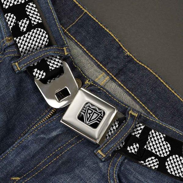Buckle Down BD Wings Logo CLOSE-UP Full Color Black Silver Seatbelt Belt - Eighties Hearts Black/White Webbing