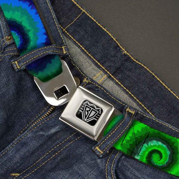 Buckle Down BD Wings Logo CLOSE-UP Full Color Black Silver Seatbelt Belt - Tie Dye Swirl Green/Blue/Purple Webbing