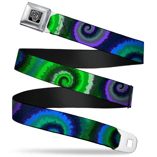 buckle down BD Wings Logo CLOSE-UP Full Color Black Silver Seatbelt Belt - Tie Dye Swirl Green/Blue/Purple Webbing