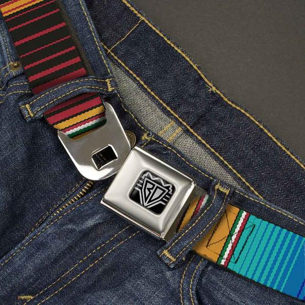 Buckle Down BD Wings Logo CLOSE-UP Full Color Black Silver Seatbelt Belt - Zarape6 Vertical Stripe Gold/Blues/Black/Red Webbing