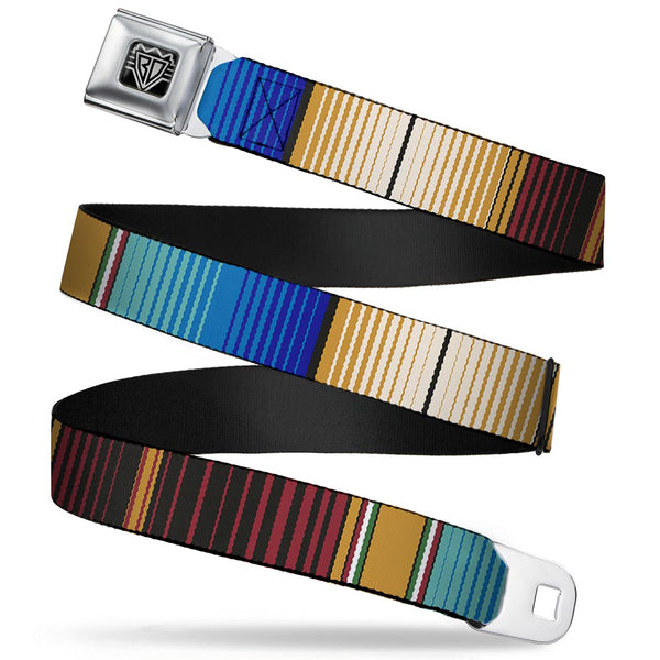 buckle down BD Wings Logo CLOSE-UP Full Color Black Silver Seatbelt Belt - Zarape6 Vertical Stripe Gold/Blues/Black/Red Webbing