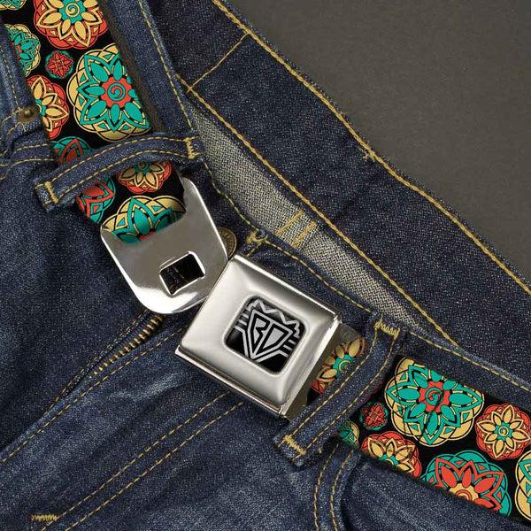 Buckle Down BD Wings Logo CLOSE-UP Full Color Black Silver Seatbelt Belt - Boho Mandala Black/Yellow/Turquoise/Orange Webbing