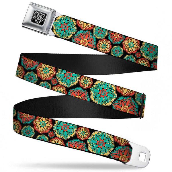 buckle down BD Wings Logo CLOSE-UP Full Color Black Silver Seatbelt Belt - Boho Mandala Black/Yellow/Turquoise/Orange Webbing