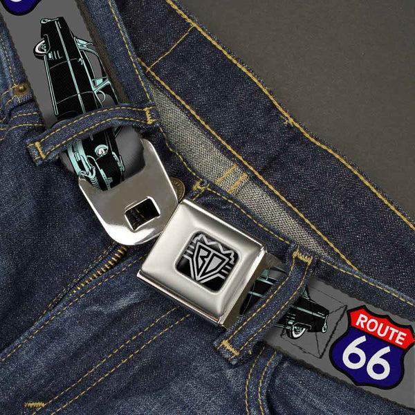 Buckle Down BD Wings Logo CLOSE-UP Full Color Black Silver Seatbelt Belt - Route 66 Classics Gray Webbing