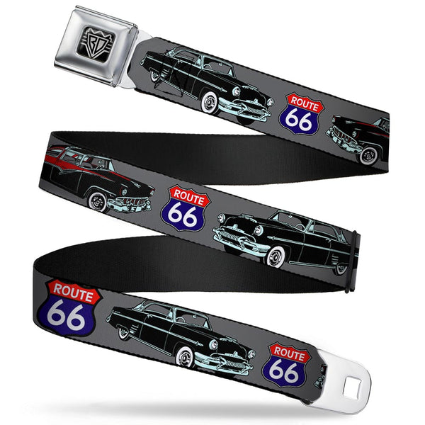 buckle down BD Wings Logo CLOSE-UP Full Color Black Silver Seatbelt Belt - Route 66 Classics Gray Webbing