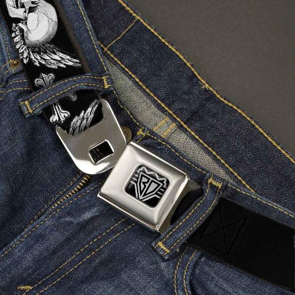 Buckle Down BD Wings Logo CLOSE-UP Full Color Black Silver Seatbelt Belt - BD Skulls W/Wings Black/White Webbing