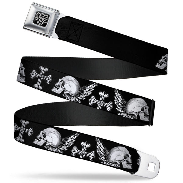 buckle down BD Wings Logo CLOSE-UP Full Color Black Silver Seatbelt Belt - BD Skulls w/Wings Black/White Webbing