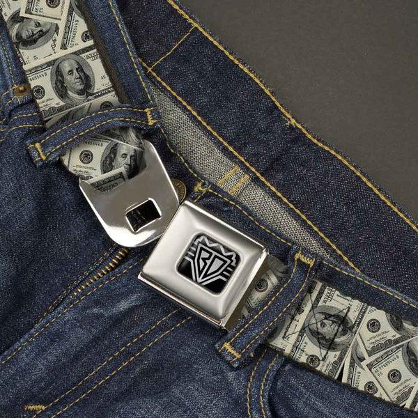 Buckle Down BD Wings Logo CLOSE-UP Full Color Black Silver Seatbelt Belt - Benjamins2 Stacked Webbing