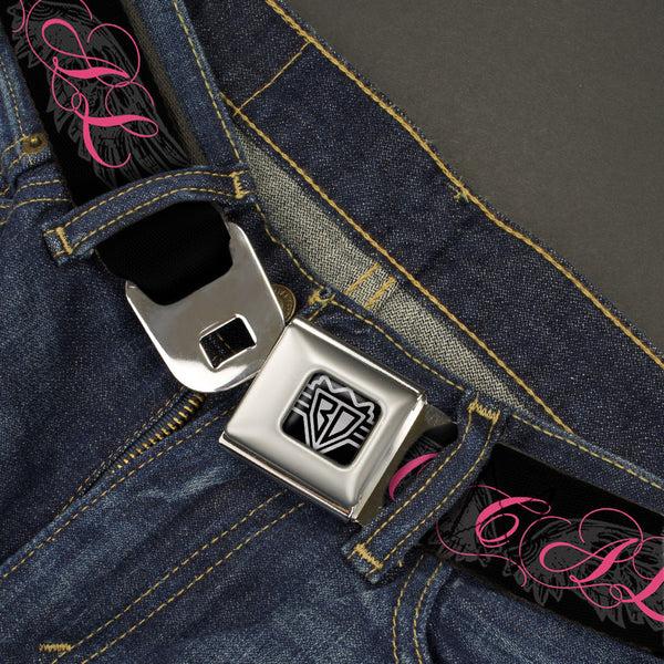 Buckle Down BD Wings Logo CLOSE-UP Full Color Black Silver Seatbelt Belt - SO CAL Script/Wings Black/Gray/Pink Webbing