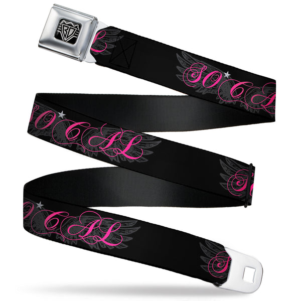 buckle down BD Wings Logo CLOSE-UP Full Color Black Silver Seatbelt Belt - SO CAL Script/Wings Black/Gray/Pink Webbing