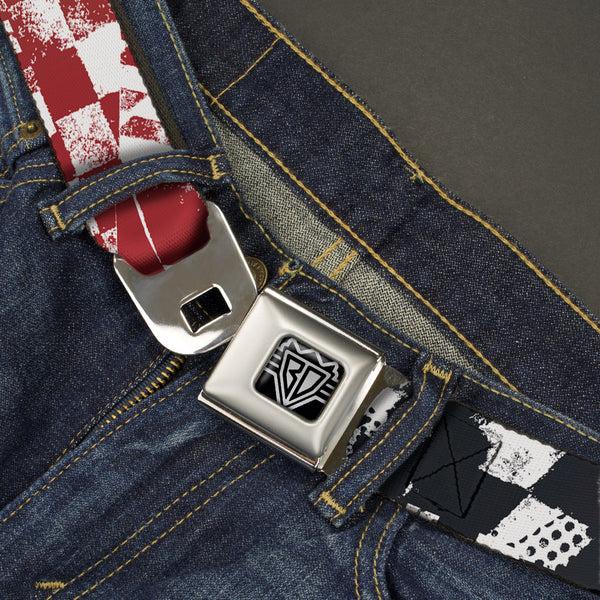 Buckle Down BD Wings Logo CLOSE-UP Full Color Black Silver Seatbelt Belt - Grunge Chaos3 White/Blue-Red Fade Webbing