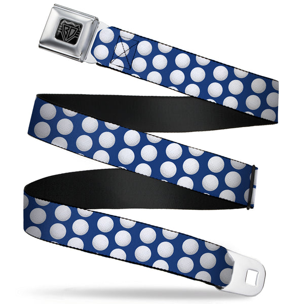 buckle down BD Wings Logo CLOSE-UP Full Color Black Silver Seatbelt Belt - Golf Balls Blue/White Webbing