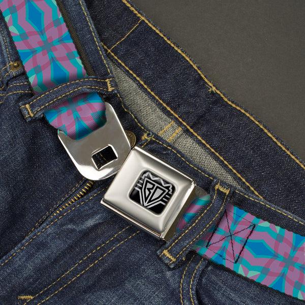Buckle Down BD Wings Logo CLOSE-UP Full Color Black Silver Seatbelt Belt - Floral Kaleidoscope Blues/Pinks Webbing