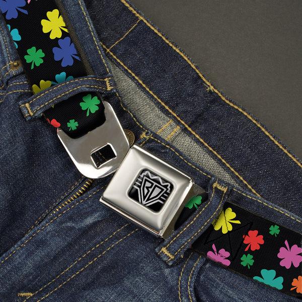 Buckle Down BD Wings Logo CLOSE-UP Full Color Black Silver Seatbelt Belt - Four-Leaf Clovers Scattered Black/Multi Color Webbing