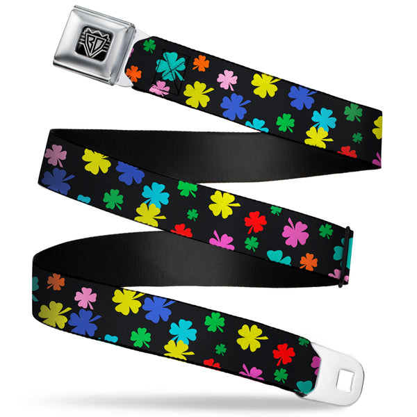 buckle down BD Wings Logo CLOSE-UP Full Color Black Silver Seatbelt Belt - Four-Leaf Clovers Scattered Black/Multi Color Webbing