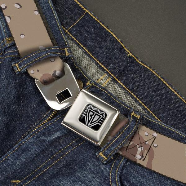 Buckle Down BD Wings Logo CLOSE-UP Full Color Black Silver Seatbelt Belt - Desert Camo Tans/Browns Webbing