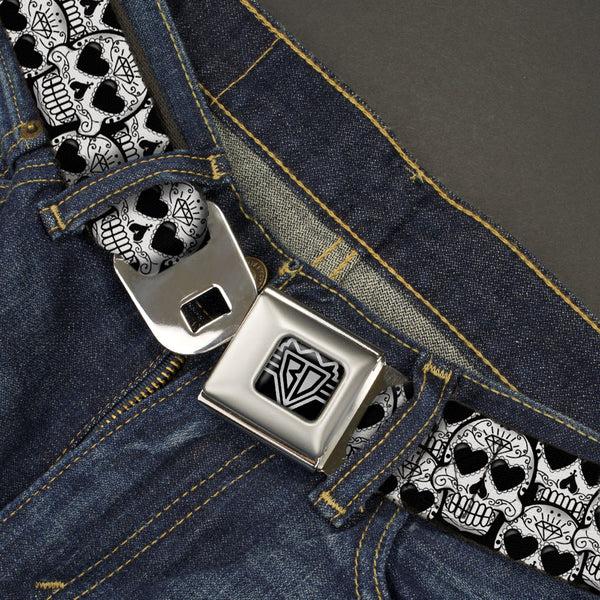 Buckle Down BD Wings Logo CLOSE-UP Full Color Black Silver Seatbelt Belt - Diamond Sugar Skull Stacked Black/Silver Fade/White Webbing