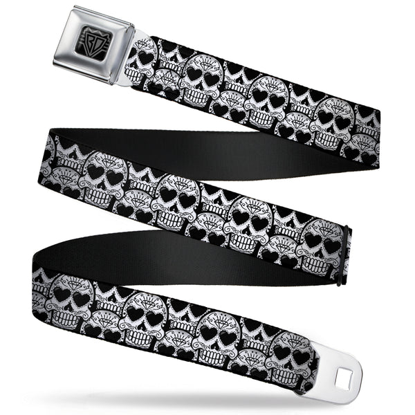 buckle down BD Wings Logo CLOSE-UP Full Color Black Silver Seatbelt Belt - Diamond Sugar Skull Stacked Black/Silver Fade/White Webbing