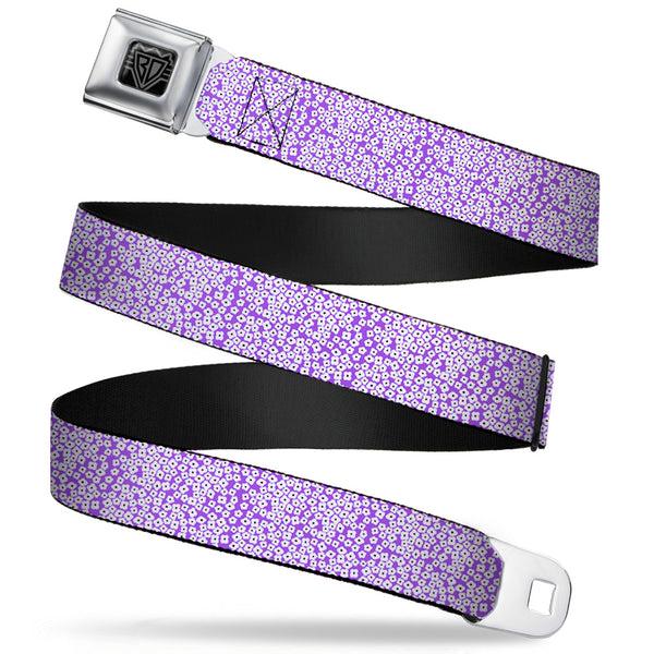 buckle down BD Wings Logo CLOSE-UP Full Color Black Silver Seatbelt Belt - Ditsy Floral Lavender/White/Black Webbing