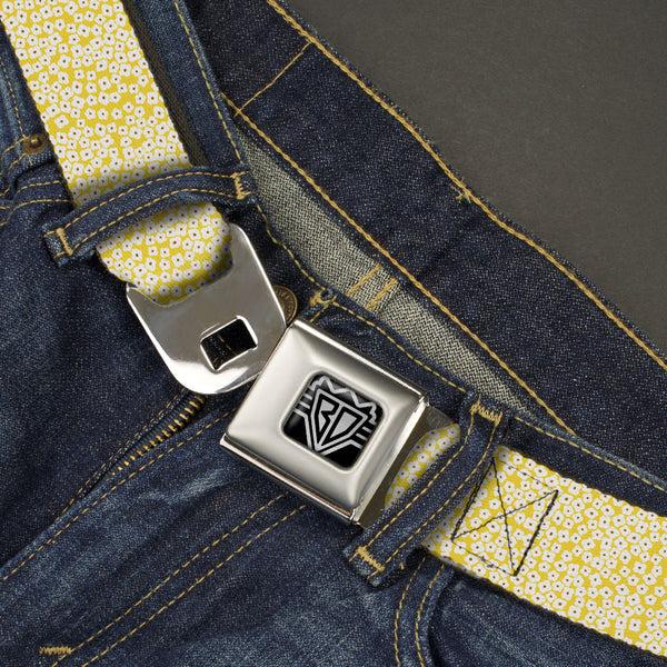 Buckle Down BD Wings Logo CLOSE-UP Full Color Black Silver Seatbelt Belt - Ditsy Floral Yellow/White/Brown Webbing