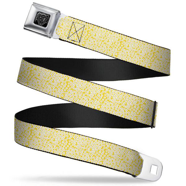 buckle down BD Wings Logo CLOSE-UP Full Color Black Silver Seatbelt Belt - Ditsy Floral Yellow/White/Brown Webbing