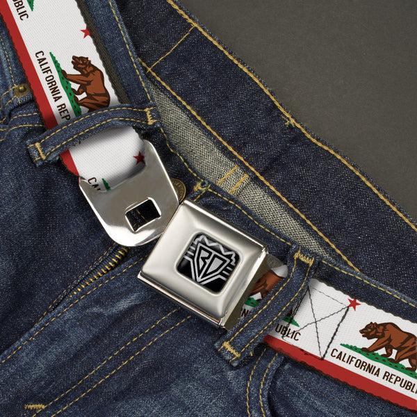 Buckle Down BD Wings Logo CLOSE-UP Full Color Black Silver Seatbelt Belt - California State Flag White Webbing
