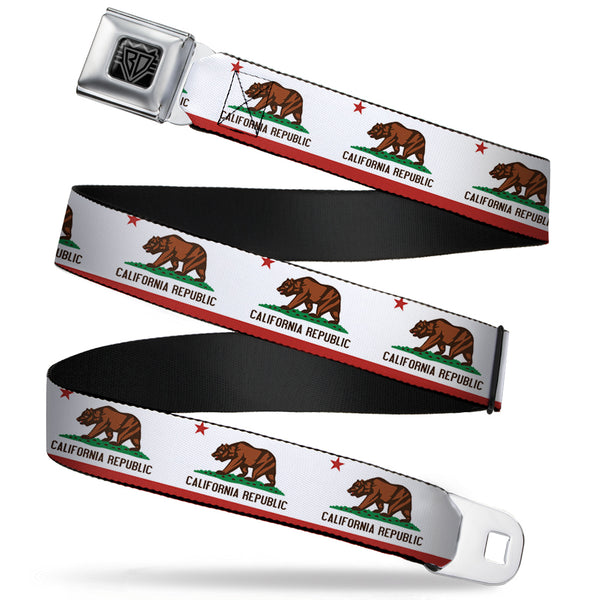 buckle down BD Wings Logo CLOSE-UP Full Color Black Silver Seatbelt Belt - California State Flag White Webbing