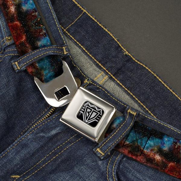 Buckle Down BD Wings Logo CLOSE-UP Full Color Black Silver Seatbelt Belt - Cosmic Space Webbing