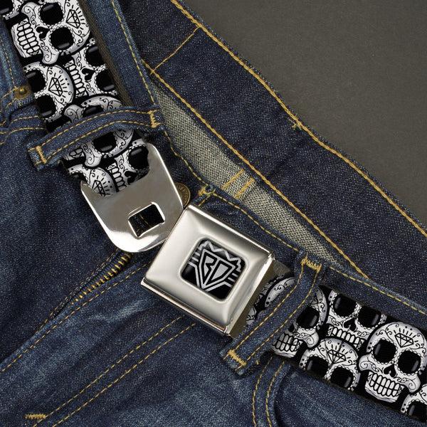 Buckle Down BD Wings Logo CLOSE-UP Full Color Black Silver Seatbelt Belt - Cartoon Sugar Skulls Stacked Black/White Webbing