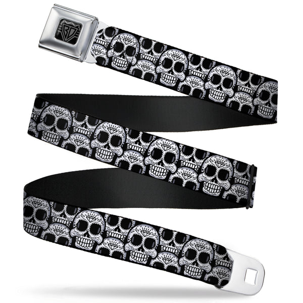 buckle down BD Wings Logo CLOSE-UP Full Color Black Silver Seatbelt Belt - Cartoon Sugar Skulls Stacked Black/White Webbing