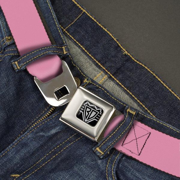 Buckle Down BD Wings Logo CLOSE-UP Full Color Black Silver Seatbelt Belt - Baby Pink Print Webbing