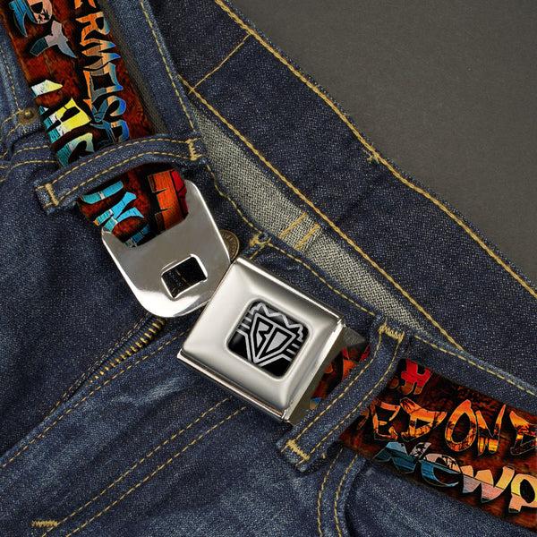 Buckle Down BD Wings Logo CLOSE-UP Full Color Black Silver Seatbelt Belt - Beach Tags Stacked Brick Wall/Beach Scenes Webbing
