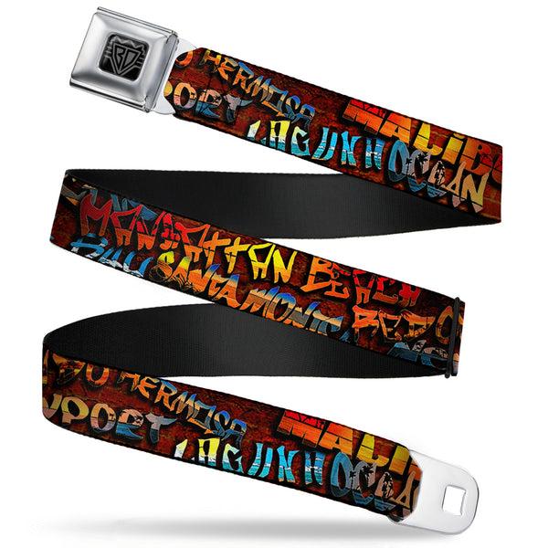 buckle down BD Wings Logo CLOSE-UP Full Color Black Silver Seatbelt Belt - Beach Tags Stacked Brick Wall/Beach Scenes Webbing