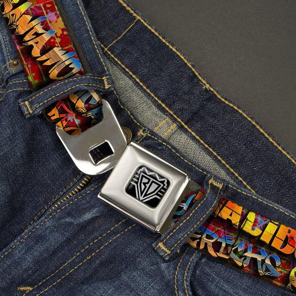 Buckle Down BD Wings Logo CLOSE-UP Full Color Black Silver Seatbelt Belt - Beach Tags/Paint Splatter Brick Wall/Beach Scenes Webbing