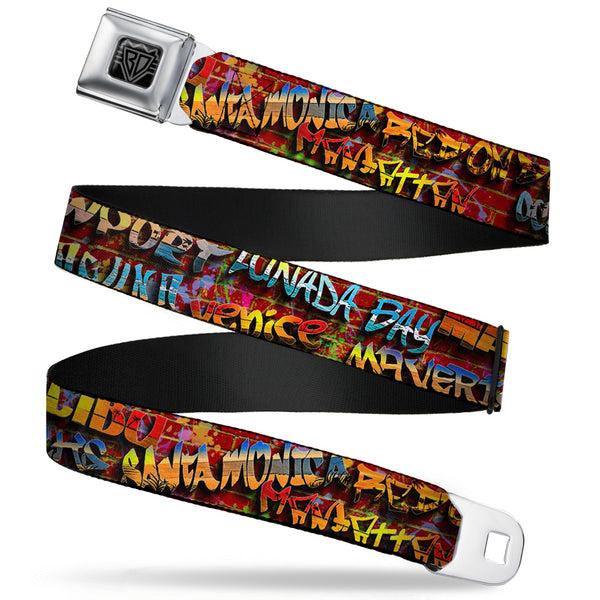 buckle down BD Wings Logo CLOSE-UP Full Color Black Silver Seatbelt Belt - Beach Tags/Paint Splatter Brick Wall/Beach Scenes Webbing