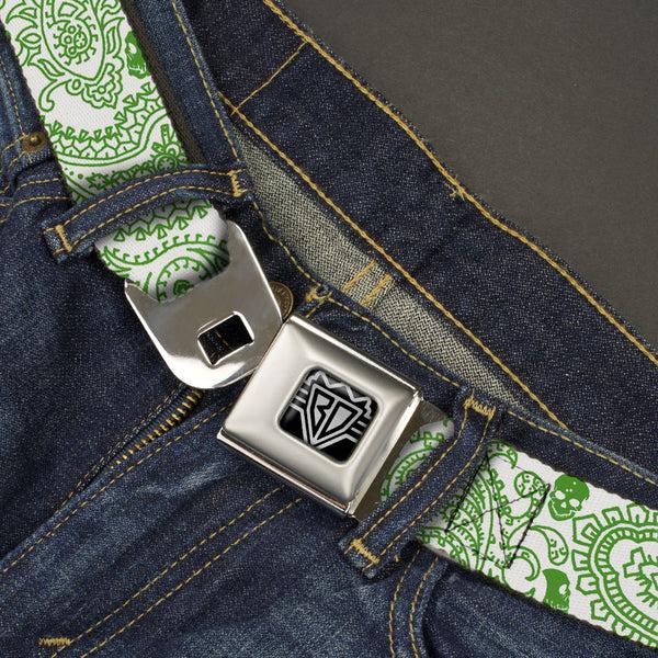 Buckle Down BD Wings Logo CLOSE-UP Full Color Black Silver Seatbelt Belt - Bandana/Skulls White/Irish Green Webbing