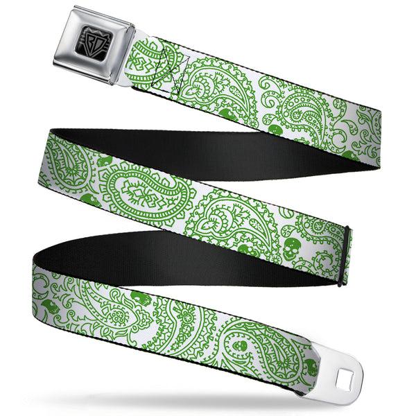 buckle down BD Wings Logo CLOSE-UP Full Color Black Silver Seatbelt Belt - Bandana/Skulls White/Irish Green Webbing