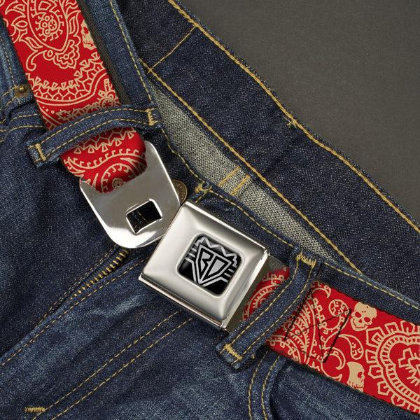Buckle Down BD Wings Logo CLOSE-UP Full Color Black Silver Seatbelt Belt - Bandana/Skulls Scarlet Red/Gold Webbing